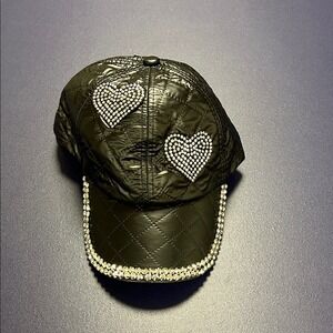Black Quilted Baseball Cap with Rhinestone Heart Accents
